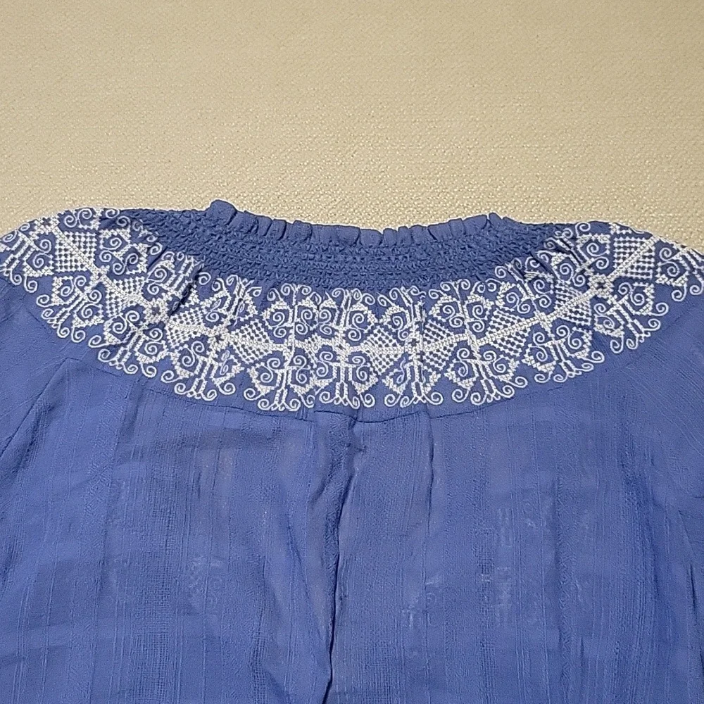 Tory Burch Nina Blouse Embroidery White Blue Peasant Cotton Western Boho Medium